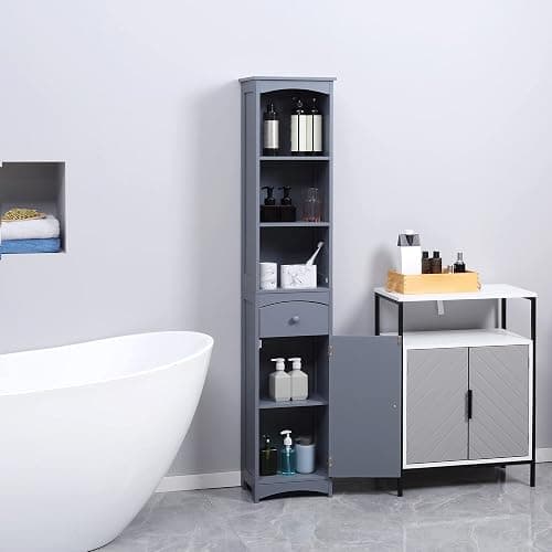 💜HOMCOM Bathroom Storage Cabinet, Free Standing Bathroom Storage Unit, Tall Linen Tower with 3-Tier Shelves and Drawer, Grey thumbnail 2