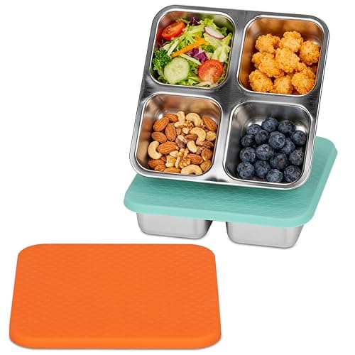 SUMERX 2 Pack Snack Box Containers Set, Stainless Steel 4 Compartment Lunchable Container, Reusable Food Storage Containers with Lids for Travel, Outdoor, Camping, Work(Orange/Blue) - Image 1