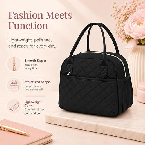 CAMTOP Lunch Box for Women Insulated Lunch Bag Lunchbox Cooler Thermal Leakproof Quilted Reusable Lunch Tote Bag for Work School Travel Picnic (Black) thumbnail 8