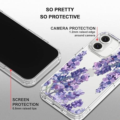 MOSNOVO Case for iPhone 16, [Buffertech 6.6ft Military-Grade Drop Protection] [Anti Peel Off Tech] Clear TPU Bumper Phone Case Cover Design - Lavender thumbnail 4