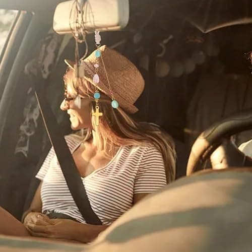 DELORIGIN Cross Hanging Car Mirror Ornament Amazonite and Crystal Bead Charm Suncatcher Car Mirror Pendant Accessories Good Luck Keychain for Bag Window Cars Door Garden Balcony Home Decoration thumbnail 5