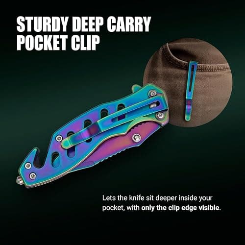 Legal Rainbow Pocket Knife with Glass Breaker Seatbelt Cutter - 2.68 Inch Sharp Serrated Blade - Cute Small Folding Womens Knives for Self Defense EDC Camping - Food Processing Mincing Knives 6655 R thumbnail 6