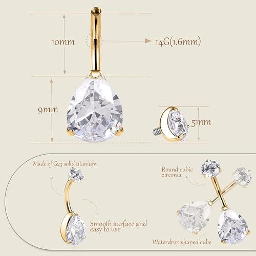 AROWRO Gold Belly Button Ring G23 Titanium Hypoallergenic 14G belly ring for Women Men Teardrop Navel Piercing Jewelry 10mm Barbell With Cubic Zircon thumbnail 6