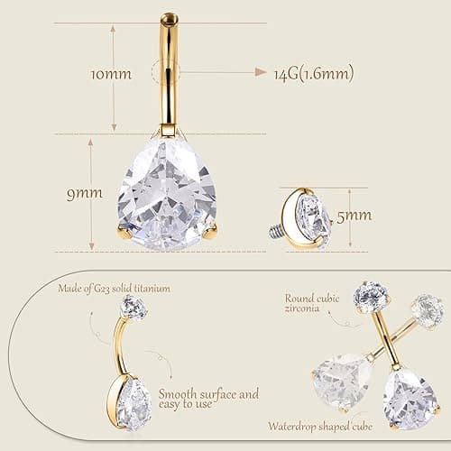 AROWRO Gold Belly Button Ring G23 Titanium Hypoallergenic 14G belly ring for Women Men Teardrop Navel Piercing Jewelry 10mm Barbell With Cubic Zircon - Gold+Teardrop Clear CZ - 14G-10mm(3/8") thumbnail 6