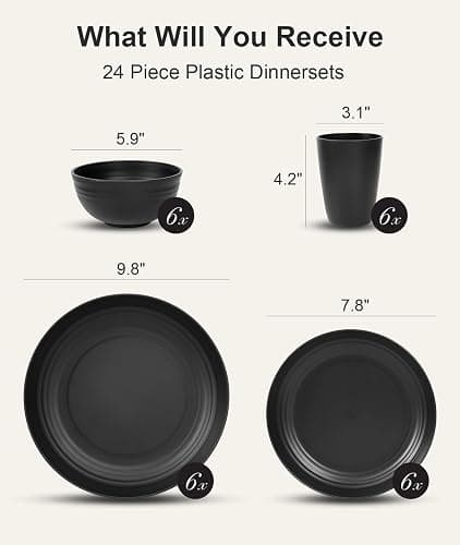Quatish 24 Piece Plastic Plates and Bowls Sets for 6, Unbreakable Plastic Dinnerware Sets, Dish Set for Camping, Dishwasher Microwave Safe, Outdoor Kitchen and Apartment Dinning Essentials, Black thumbnail 3