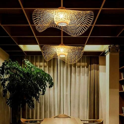 Plafonnier En Bambou Suspension Rétro E27 Lustre Rotin Naturel Éclairage Campagne Tissé À La Main Chambre Restaurant Salon Café Décoration Économie D'énergie, A, 55cm thumbnail 5
