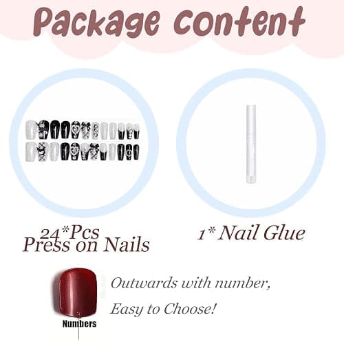 BABALAL Black Press on False Nails Medium Coffin Fake Nails Goth French Tip Glue ons Acrylic Nails Cute Bow Anime Heart Charm Design 24Pcs kawaii Luxury Bling Ballerina Manicure DIY thumbnail 6