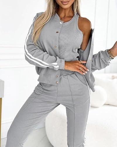 CHICME Women's Three Piece Outfits Striped Tape Patch Tank Tops Bomber Jacket with Sporty Pants Tracksuit Lounge Sets thumbnail 2