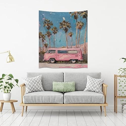 Heltrappe Pink Preppy Caravan Palm Art Aesthetic Tapestry Trendy Boho Coastal Scenery Tapestries Wall Hanging for Living Room Girl Coquette Dorm Decorwhite30x40inch thumbnail 3