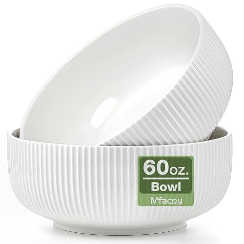 Mfacoy 2 Pack Salad Bowl, 8 inch 60 oz Large Serving Bowl Set, Deep Bowl for Kitchen, White Ceramic Bowl Set for Soup, Cereal, Ramen, Pasta, Salad, Dishwasher & Microwave Safe, Easy Clean - Image 1