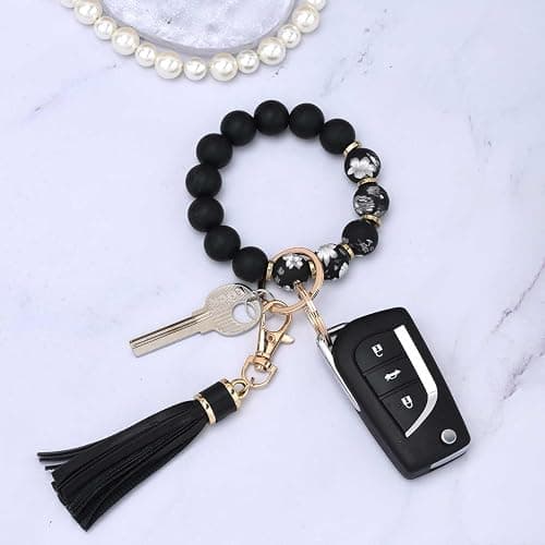 BAOSIWA Silicone Beaded Bracelet Keychain Wristlet Key Ring Bangle Chains for Women with Leather Tassel thumbnail 3