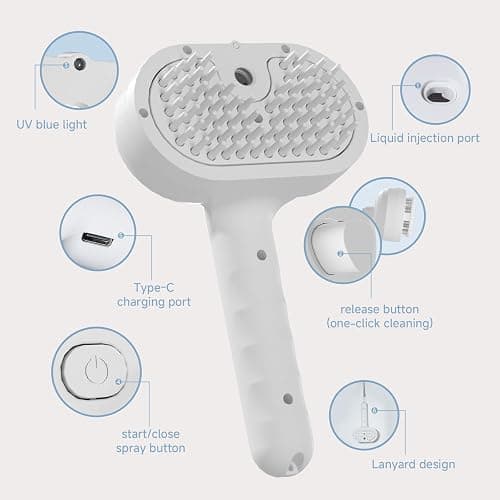 REIKIYA Cat Steam Brush,4-in-1 Spray Hair Removal Dog Brush for Shedding & Grooming with UV Light, Anti-Static Pet Spray Comb with One-Click Release Button thumbnail 7