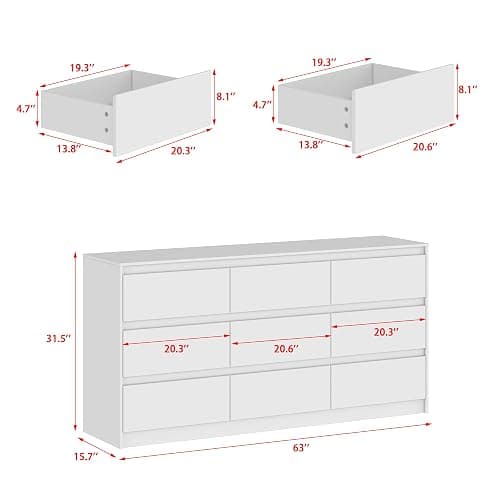 Hitow 9 Drawer Dresser for Bedroom with Deep Drawers, Large Floor Wood Dressers & Chest of Drawers Handle Free, Modern White Long Dressers for Closet Living Room, Euro Slide (63"W x 15.7"D x 31.5"H) - White-euro Slide thumbnail 2