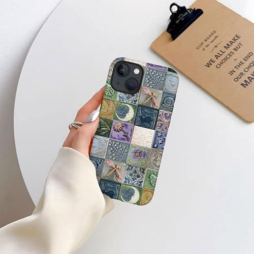 Piodaidy Compatible with iPhone 15,Durable & Shockproof Phone Case Cover Design - Tiles Pattern Moon Dragonfly Flower thumbnail 4
