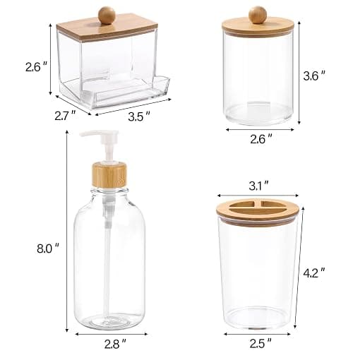Bamboo Bathroom Accessories Set 4 Pcs - Clear Toothbrush Holder Plastic Soap Dispenser and 2 Qtip Holder Cotton Swab/Pad/Ball Container Jar thumbnail 3