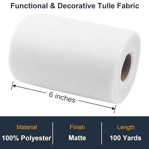 White Tulle Fabric Roll 6 Inch by 100 Yards (300 ft) Tulle Ribbon Sheer Mesh Netting for DIY Tutu Skirt Gift Wrapping Wedding Baby Shower Birthday Halloween Party Decorations Crafts, 34 Colors (White) thumbnail 2