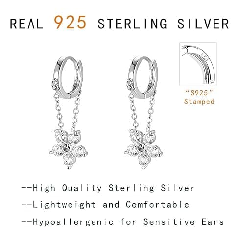 Reffeer 925 Sterling Silver Flower Chain Drop Earrings Hoop for Women Teens Huggie Hoop Dangle Earrings Chain thumbnail 7