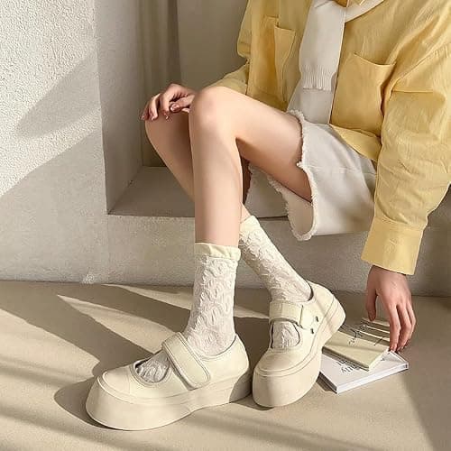 5 Pair Cute Beige Ruffle Frilly Rib Knit Crew Socks - Cottagecore Casual Ankle Coquette Kawaii Floral thumbnail 6