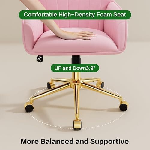 Pink Velvet Desk Chair with Pillow, Upholstered Home Office Desk Chair Makeup Vanity Chair with Swivel Wheels, Ergonomic Office Chair Computer Task Chair for Living Room, Bedroom thumbnail 6