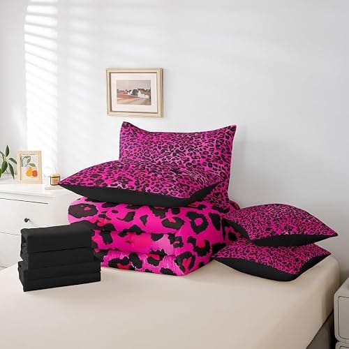 jejeloiu Kids Hot Pink Leopard 7 Piece Bedding Set Full Size Animal Print Comforter Set with Sheets for Boys Girls Teens Cheetah Bed in a Bag Breathable Soft Microfiber Women Men Safari Bedroom Decor thumbnail 6