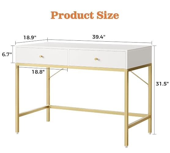 SUPERJARE 39.4" White and Gold Desk with 2 Drawers, Modern Makeup Vanity Desk, Small Computer Desk Home Office Desk for Writing Study Bedroom thumbnail 3