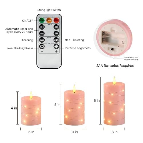 Amagic 3"×4" 5" 6" Flameless Candles with String Lights, Pink 11-Key Remote & Timer Battery Operated Flickering Led Pillar Candles Real Wax for Home, Lantern, Halloween and Christmas Decor, Set of 3 thumbnail 7