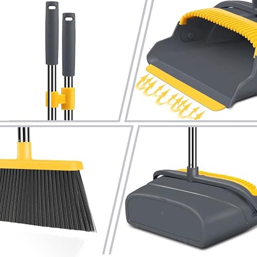kelamayi Upgrade Broom and Dustpan Set, Broom with Dustpan Combo Set, Self-Cleaning with Dustpan Teeth, Indoor&Outdoor Sweeping, Stand Up Broom and Dustpan (Gray&Yellow) thumbnail 4