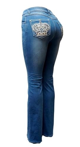 Jack David H&Y U-Cute Rose 2 Rhinestone Studded Denim Bootcut Flap Pocket Jeans - Image 1