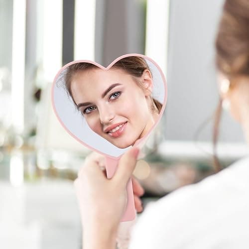 Dimeho Heart-Shaped Travel Handheld Mirror, Heart-Shaped Makeup Hand Mirror with Handle, Portable Cosmetic Mirror for Women (Pink) thumbnail 4