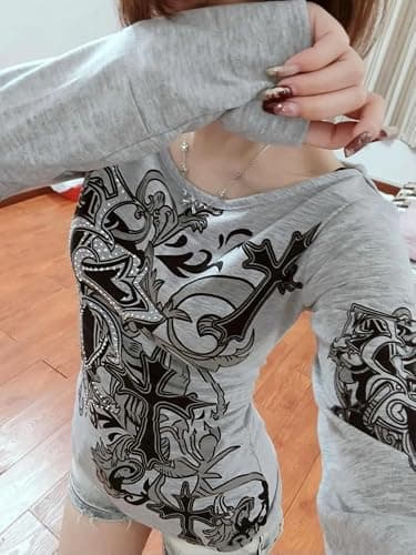 JOLILUNA Emo Grunge Long Sleeve Shirt for Women Y2k Goth Top 90s Vintage Graphic Tees 2000s Mcbling Clothes thumbnail 6