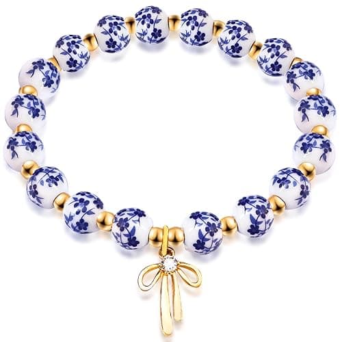 lakayfimily Bow Charm Bracelet for Women Vintage Flower Beaded Handmade Gold Dainty Stretch Bracelet Romantic Jewelry Gift - Image 1