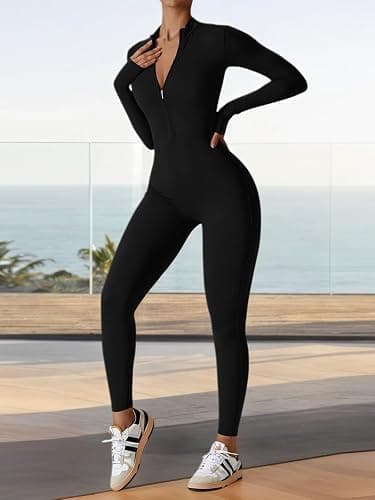 ECUPPER Women Long Sleeve Bodycon Jumpsuits Workout Zip Up Unitard One Piece Full Bodysuits Sexy Yoga Rompers Pants thumbnail 3