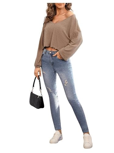 SweatyRocks Women's Long Sleeve Tee Shirt V Neck Ribbed Knit Lettuce Trim Crop Top thumbnail 5