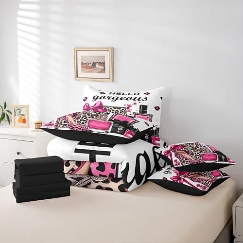 Erosebridal Black and Pink Leopard Print Comforter Set King Size | Fashion Modern Girly Bedding Set 7 Pieces Bow Perfume High Heels Bed Sets Trendy Stylish Girls Bed in A Bag with Flat Fitted Sheets thumbnail 5