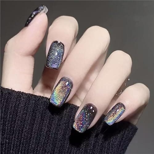 Black Chrome Cat Eye Medium Press on Nails Square, Medium Square Glue on Nails for Women Gift, Black Colorful Iridescent Metallic Glitter Glossy Reusable Summer Stick Gel Press on Acrylic Fake Nail