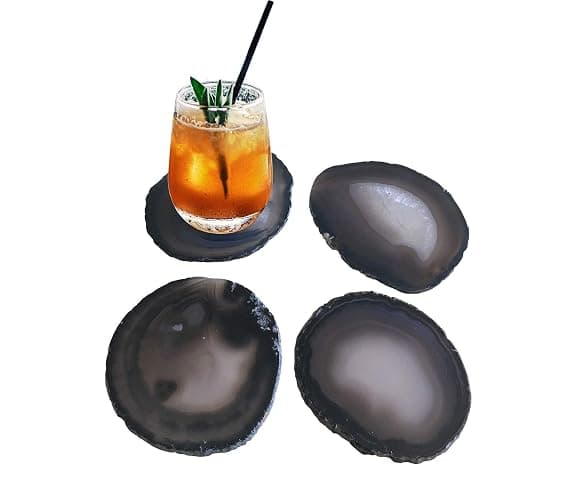 AMOYSTONE Natural Black Agate Coasters Set of 4 Agate Stone Sciles Handmade Coasters for Coffee Table Desk Cup, Small 3-4" thumbnail 3