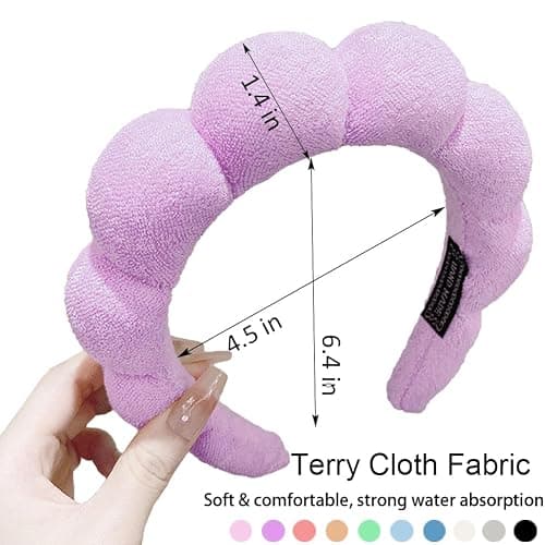 AOENJIE Spa Headbands for Washing Face or Makeup, Sponge Bubble Skincare Headbands, Puffy Terry Cloth Hairband for Women, Skin Care Makeup Headwear Hair Accessories for Girls(Purple) thumbnail 2