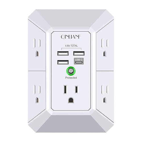 Wall Charger, Surge Protector, QINLIANF 5 Outlet Extender with 4 USB Charging Ports (4.8A Total) 3-Sided 1680J Power Strip Multi Plug Adapter Spaced for Home Travel Office (3U1C) - 3U1C - White - Image 1