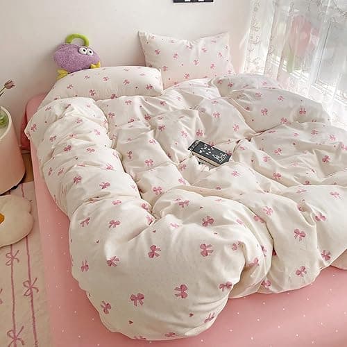 Nayoroom Bettwäsche 135x200 Mädchen Weiß mit Rosa Schleifen Kinder Bettbezug 2teilig Aesthetic Kawaii Schleifenmuster Microfaser Einzelbett Deckenbezug mit Reißverschluss und Kissenbezug 80x80cm thumbnail 4