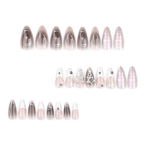 MouyouGlow Press on Nails Kurz,Almond Nude Weiß French Verlauf Schwarz 3D Chrome Stars Silber Feuer Rhinestones Cool Y2K Coquette Gothic Fake Nails,Fantasy Grey Künstliche Fingernägel thumbnail 3