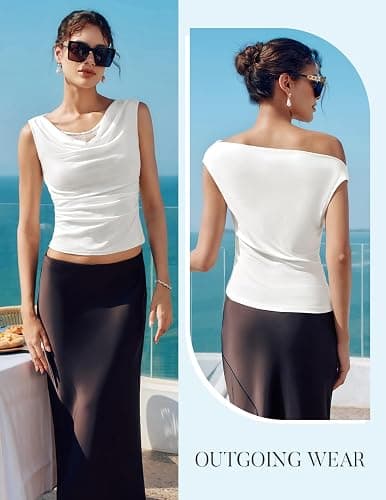 Kate Kasin Women's Lace Tops Summer Sleeveless Ruched Blouse Shirt Elegant Cowl Neck One-Shoulder Off Shoulder Sexy Tank Vest thumbnail 2