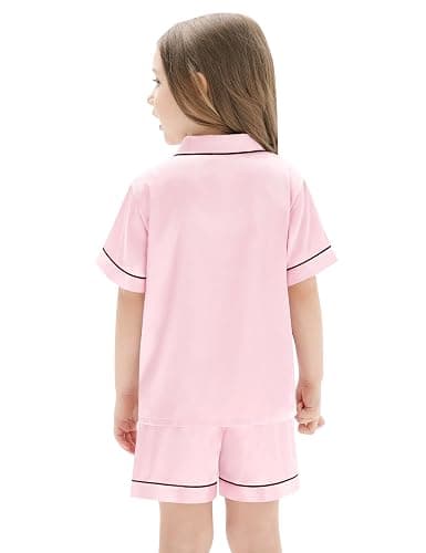 SWOMOG Unisex Kids Satin 2 Piece Pyjamas Sets Short Sleeve Teen Girls Boys Solid Button Down Top and Shorts Age 4-13 thumbnail 8
