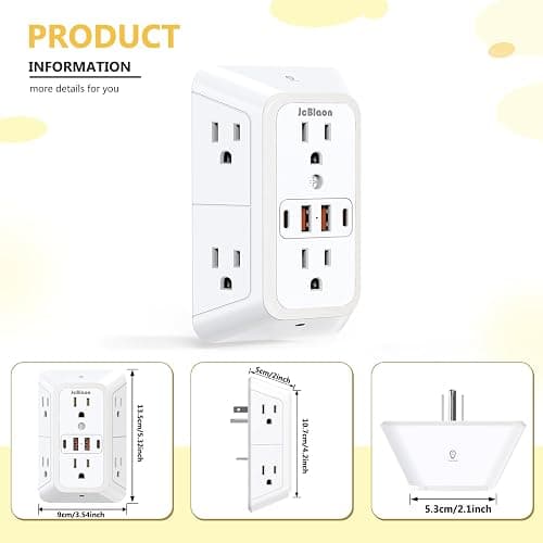 Wall Outlet Extender with Night Light, Power Plug Adapter 6 Outlet Extender with 4 USB Charging Ports 1050J Power Strip Multi Plug Adapter Spaced for Home Travel Office (2U2C)-ETL thumbnail 7