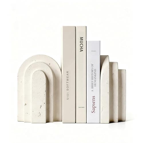 Havmorph Book Ends for Heavy Books, Beige Modern Pleasing Layered Arch Design Aesthetic Bookend Decorative, Concrete Book Ends to Hold Books Heavy Duty for Bookshelf Decor, Home Decor, Office Decor - Image 1