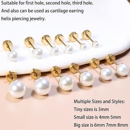 Dainty Flat Back Pearl Earrings for Women, 6 Pairs Flatback Pearl Earrings in 14K Gold Silver 3-8MM Studs Earring Sets for Multiple Piercing Hypoallergenic thumbnail 5
