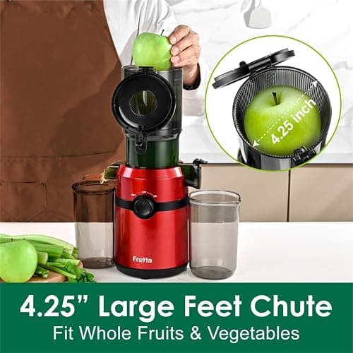 Fretta Cold Press Juicer Machines with 4.25" Large Feed Chute,Fit Whole Fruits & Vegetables Easy Clean Self Feeding,High Juice Yield,Tritan PCTG BPA-Free(Red) thumbnail 3