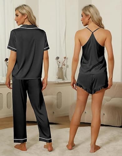 SAPJON Silk Pajamas for Women Set 4Pcs Ruffled Satin Pajamas Set Button Down Short Sleeve Cami Shorts Sleepwear Pj Set thumbnail 5