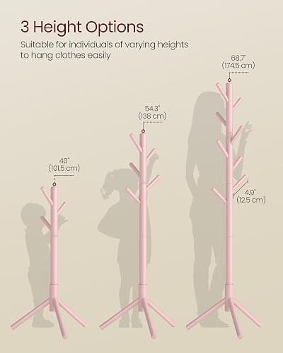 VASAGLE Solid Wood Coat Rack, Free Standing Tree-Shaped Coat Rack with 8 Hooks, 3 Height Options, for Clothes, Hats, Bags, Living Room, Bedroom, Home Office, Jelly Pink URCR004R01 thumbnail 3