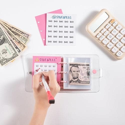 RSORGN Mini Money Saving Challenge Binder, Portable Budget Book with Cash Envelopes to Save $1000 for Home Office School Finance Planning (Pink) thumbnail 2