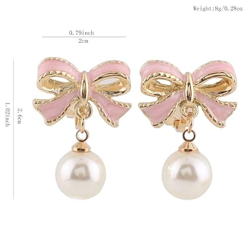 GRACE JUN Pink Bowknot Shape Clip on Earrings Without Piercing for Women Pearl Drop Earrings(Pink Bowknot Clip-ons) thumbnail 5